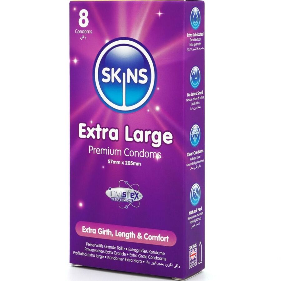 Skins Extra Große Premium-Kondome 8er-Pack – XL-Kondome 57 mm Breite, 205 mm Länge für Schutz und angenehmes Gefühl