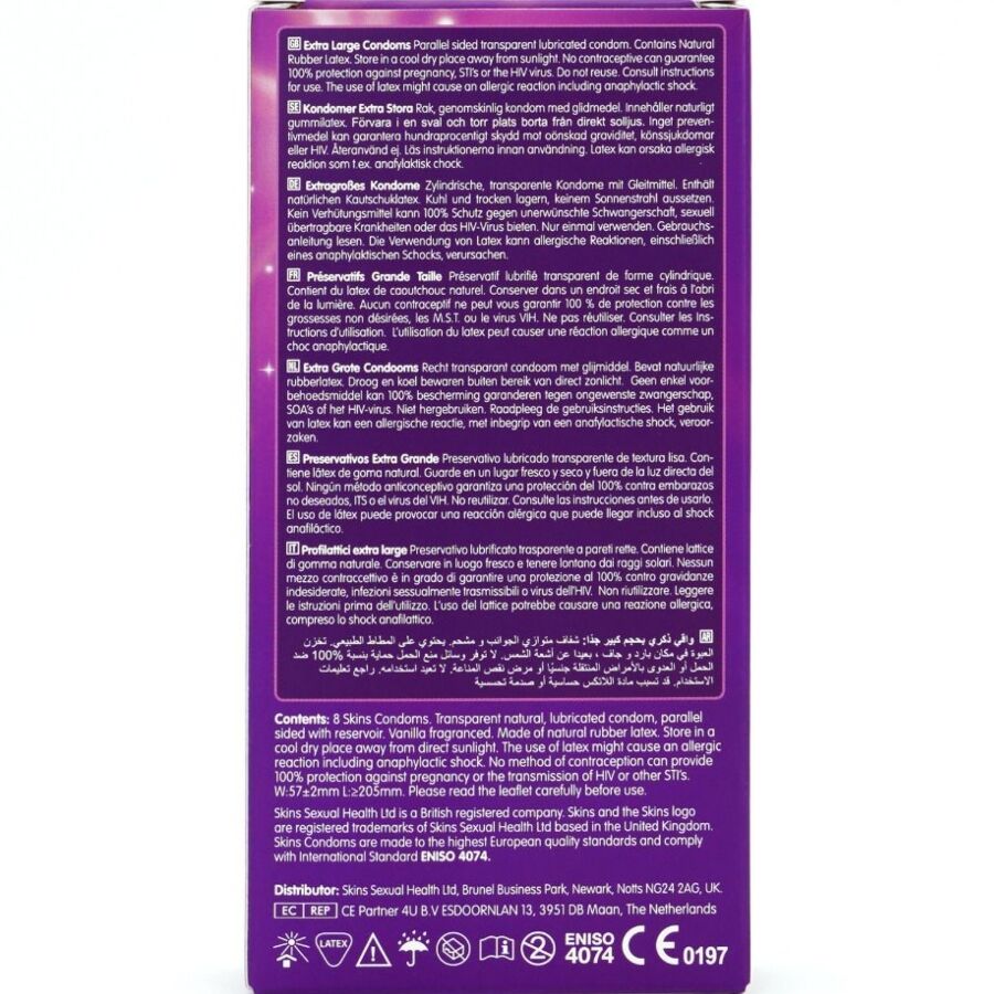 Skins Extra Große Premium-Kondome 8er-Pack – XL-Kondome 57 mm Breite, 205 mm Länge bei Secret Pulse im Erotikshop