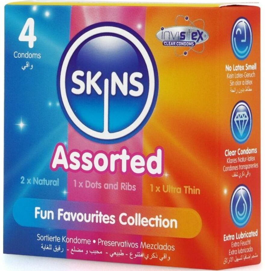 SKINS Premium Kondome 4er Pack – Ultradünn, Noppen & Klassisch mit Vanilleduft für Schutz und angenehmes Gefühl