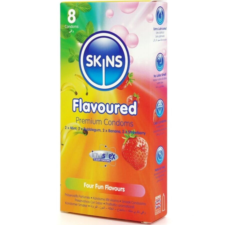 Skins Flavored Premium-Kondome 8er-Pack – Banane, Kaugummi, Minze & Erdbeere für Schutz und angenehmes Gefühl