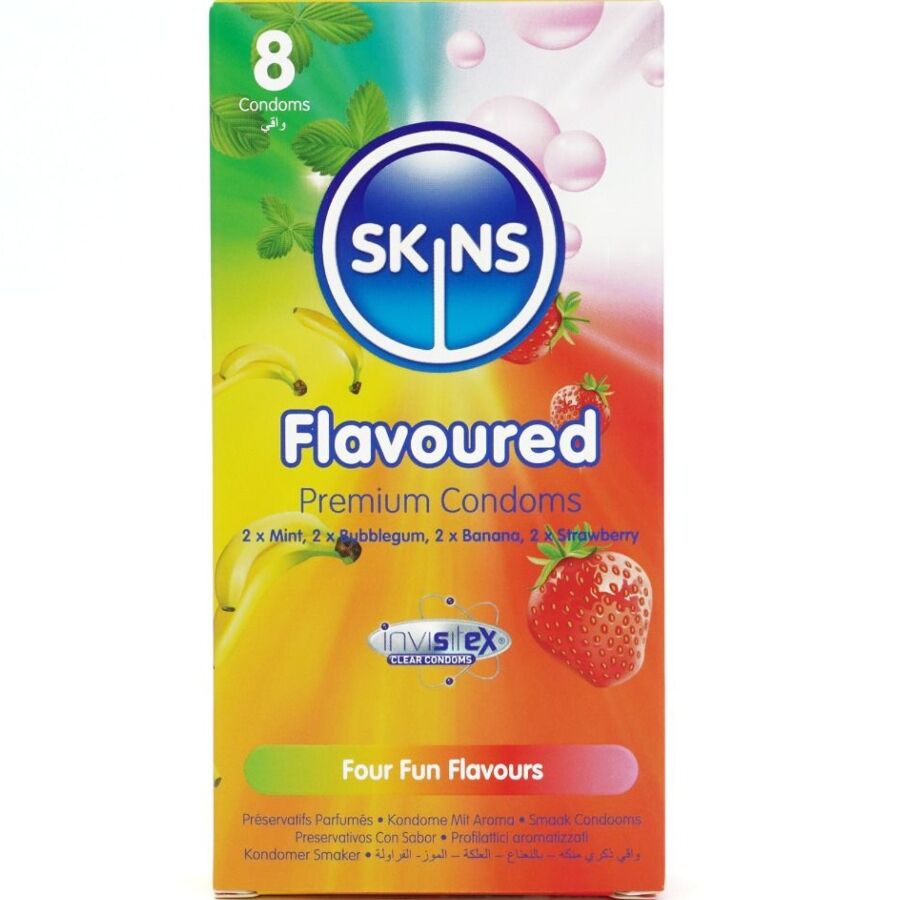 Skins Flavored Premium-Kondome 8er-Pack – Banane, Kaugummi, Minze & Erdbeere Kondome diskret online kaufen