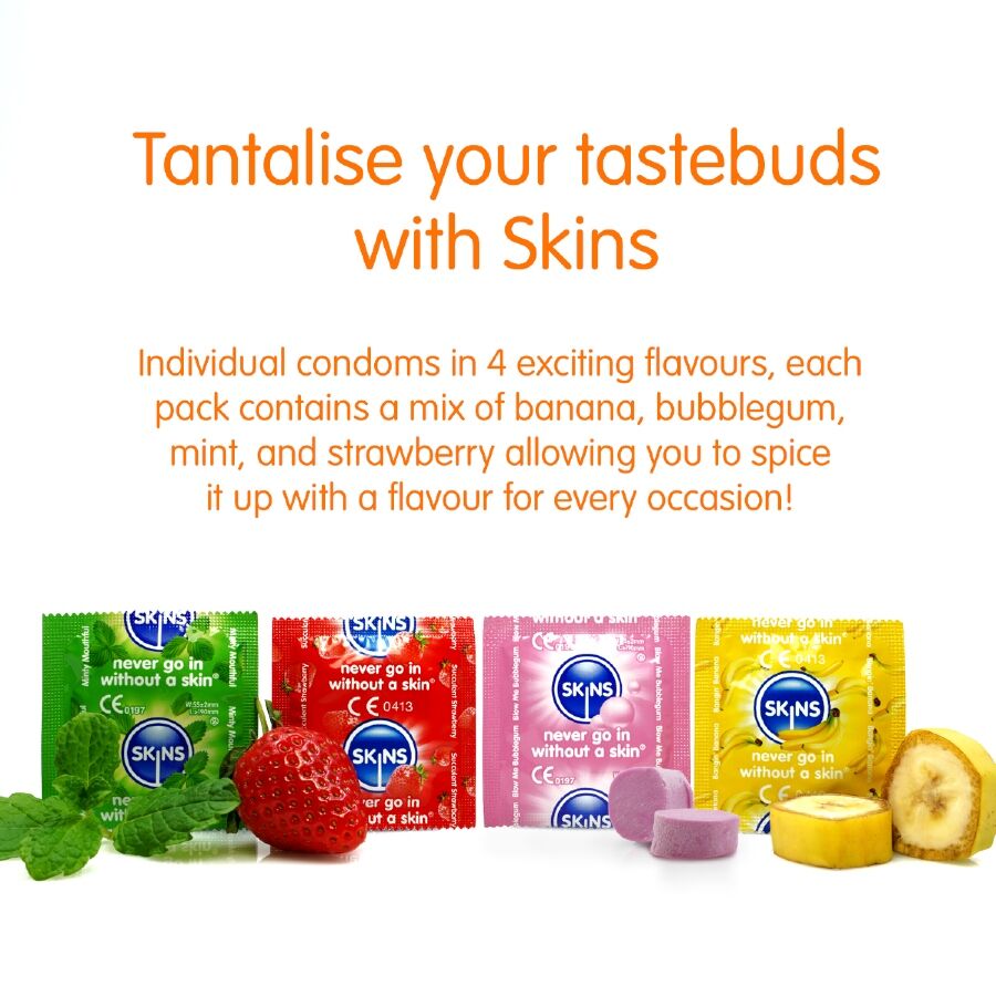 Skins Flavored Premium-Kondome 8er-Pack – Banane, Kaugummi, Minze & Erdbeere Produktverpackung und Details