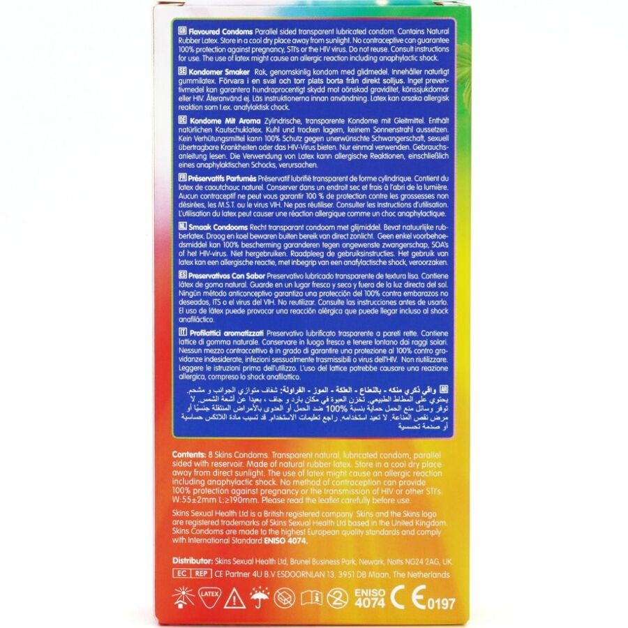Skins Flavored Premium-Kondome 8er-Pack – Banane, Kaugummi, Minze & Erdbeere bei Secret Pulse im Erotikshop