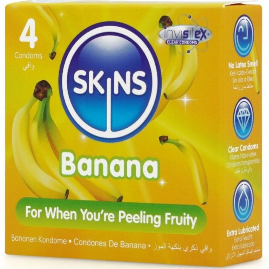 Skins Banana Premium-Kondome 4er-Pack – Bananengeschmack & Extra Geschmiert für Schutz und angenehmes Gefühl