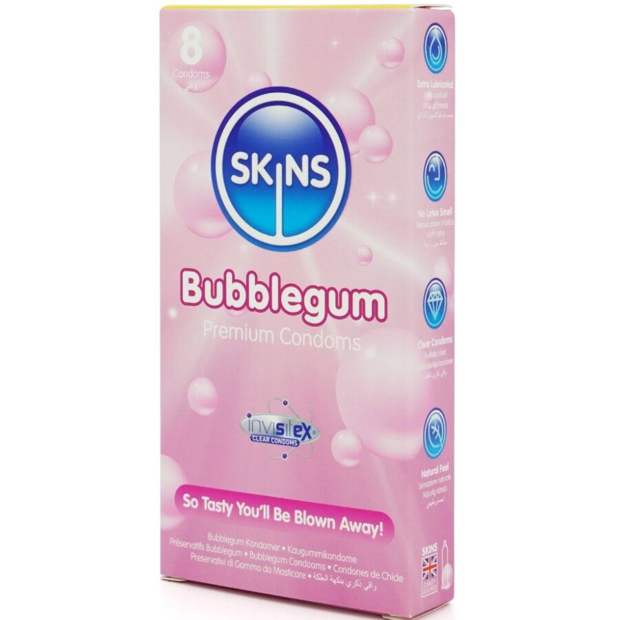 Skins Bubblegum Premium-Kondome 8er-Pack – Fruchtiger Kaugummigeschmack & Extra Geschmiert für Schutz und angenehmes Gefühl