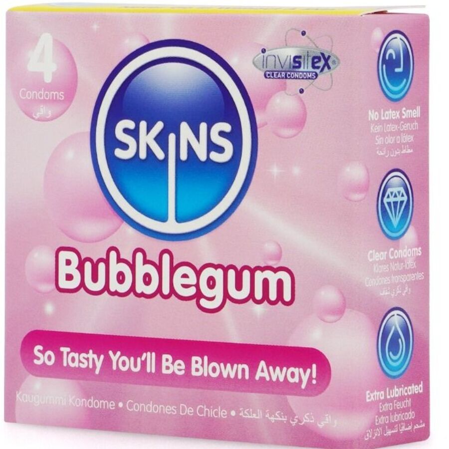 Skins Bubblegum Premium-Kondome 4er-Pack – Fruchtiger Kaugummigeschmack & Extra Geschmiert für Schutz und angenehmes Gefühl
