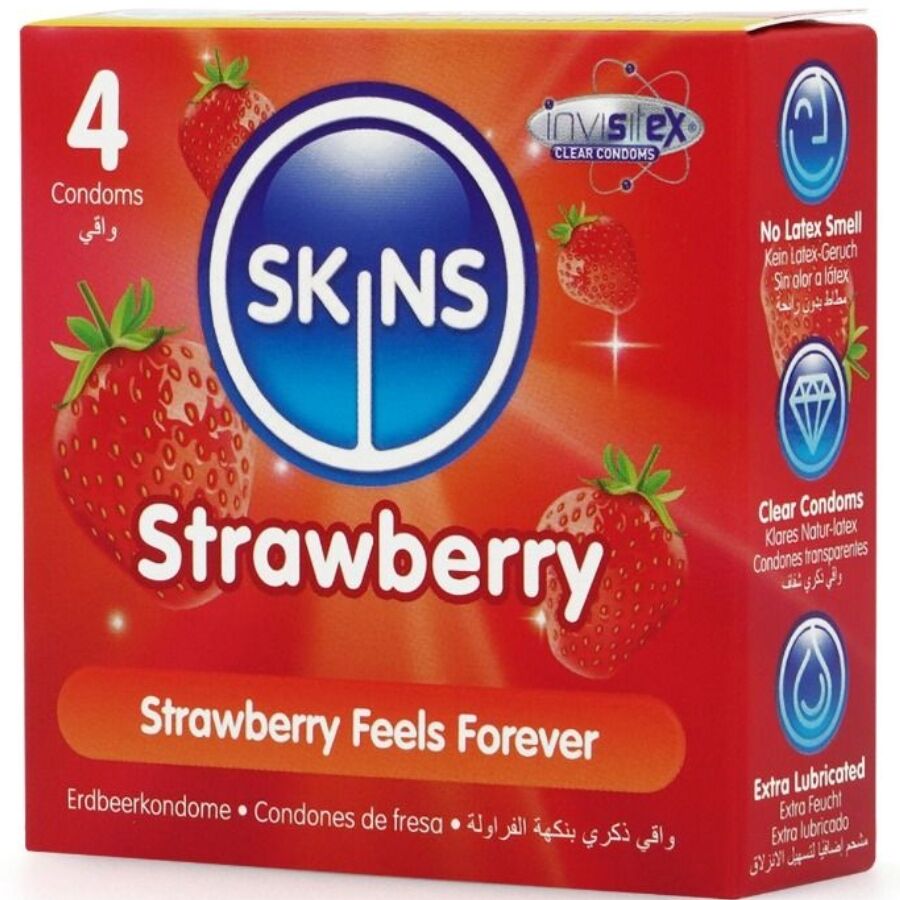 Skins Erdbeere Premium-Kondome 4er-Pack – Dezenter Erdbeergeschmack & Extra Geschmiert für Schutz und angenehmes Gefühl