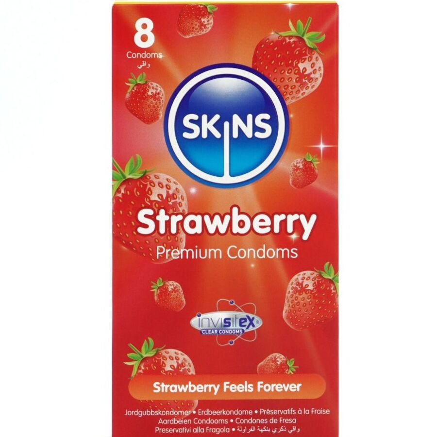 Skins Erdbeere Premium-Kondome 8er-Pack – Dezenter Erdbeergeschmack & Extra Geschmiert Kondome diskret online kaufen