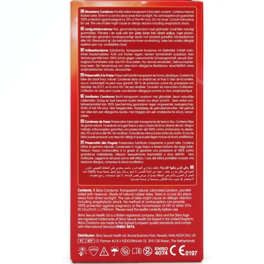 Skins Erdbeere Premium-Kondome 8er-Pack – Dezenter Erdbeergeschmack & Extra Geschmiert bei Secret Pulse im Erotikshop