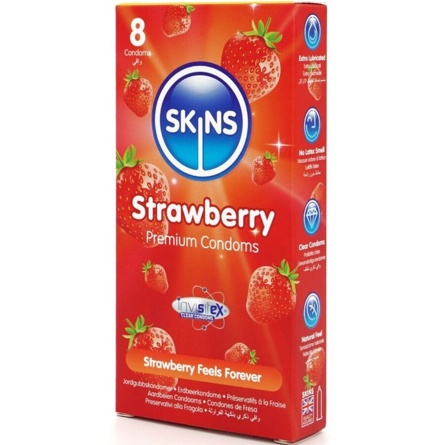 Skins Erdbeere Premium-Kondome 8er-Pack – Dezenter Erdbeergeschmack & Extra Geschmiert für Schutz und angenehmes Gefühl