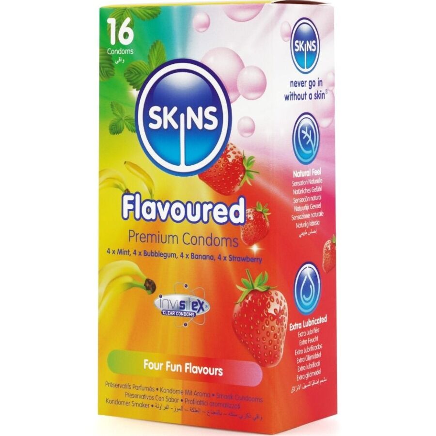 Skins Flavored Premium-Kondome 16er-Pack – Banane, Kaugummi, Minze & Erdbeere für Schutz und angenehmes Gefühl