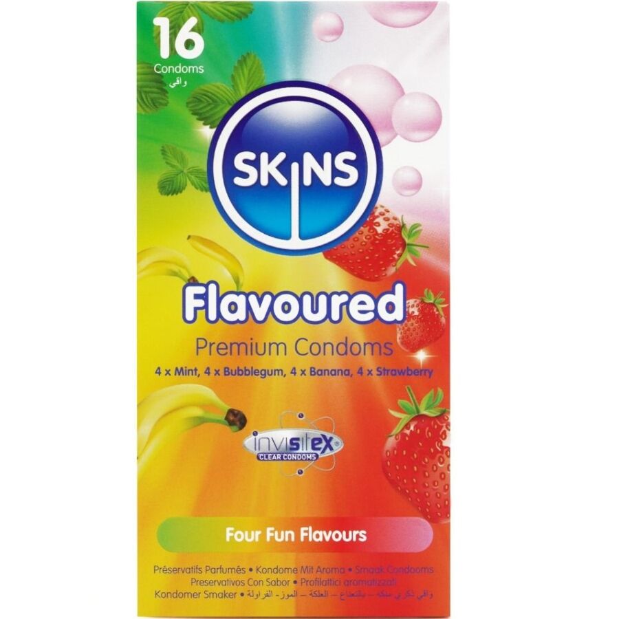 Skins Flavored Premium-Kondome 16er-Pack – Banane, Kaugummi, Minze & Erdbeere Kondome diskret online kaufen
