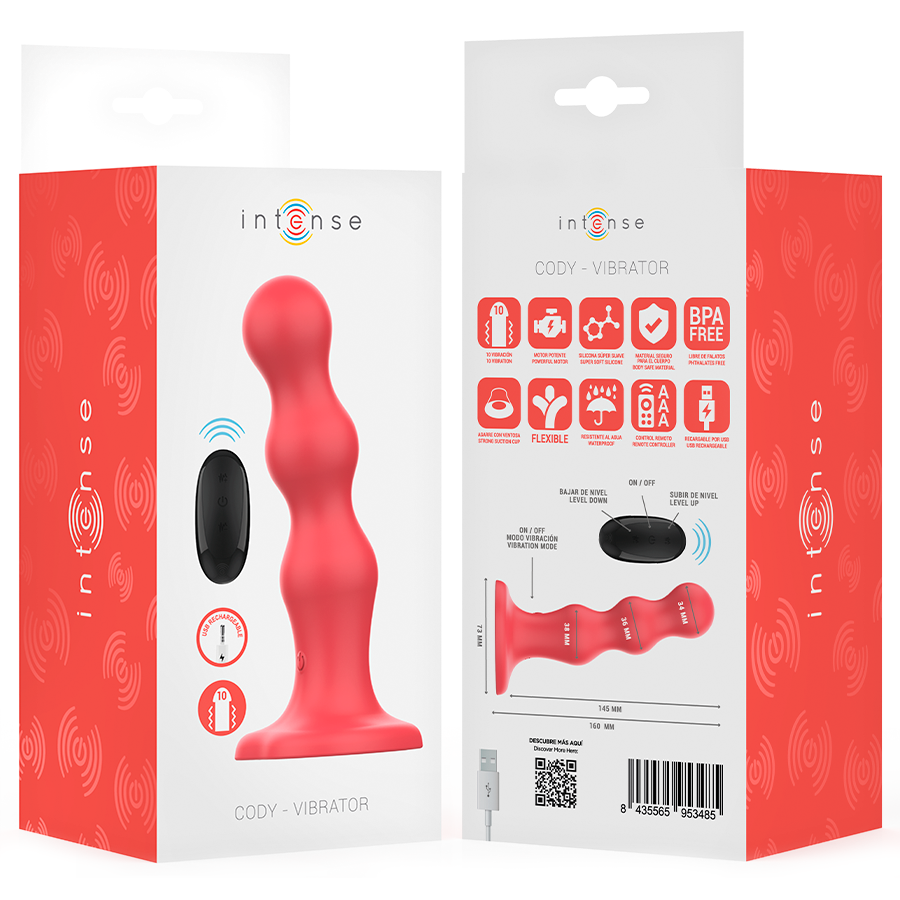 INTENSE - CODY VIBRATOR MIT SAUGNÄPFEN ROTE FERNBEDIENUNG Produktansicht und Details