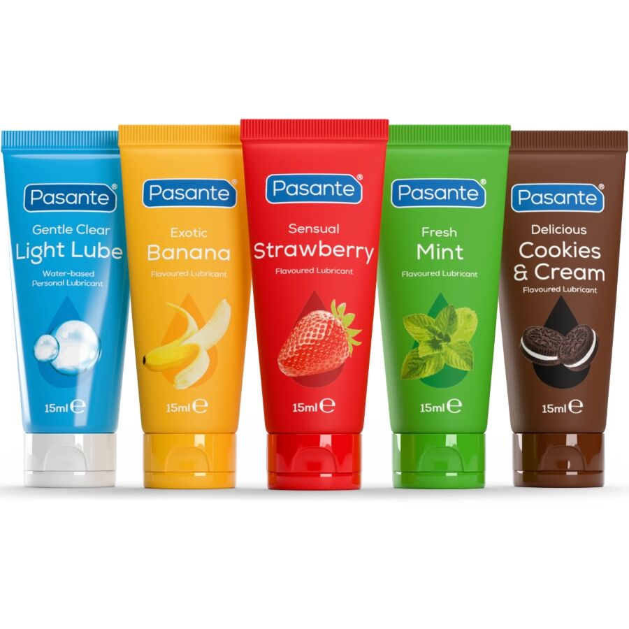 PASANTE - PACKUNG SORTIERTE SCHMIERMITTEL MIT GESCHMACK 5 EINHEITEN X 15 ML Produktverpackung und Details