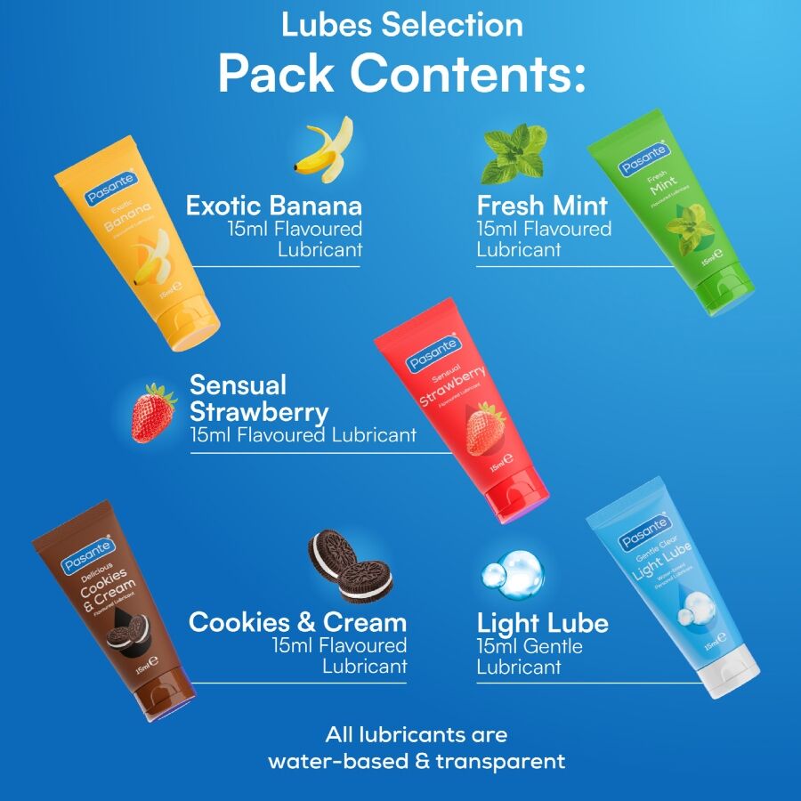 PASANTE - PACKUNG SORTIERTE SCHMIERMITTEL MIT GESCHMACK 5 EINHEITEN X 15 ML für Komfort und sinnliche Anwendung