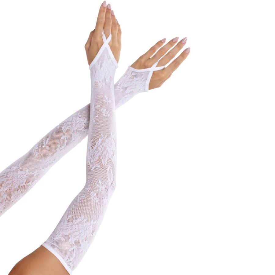 LEG AVENUE - EXTRA LANGE ARMWÄRMERHANDSCHUHE MIT BLUMENSPITZE, WEISS Dessous Produktansicht