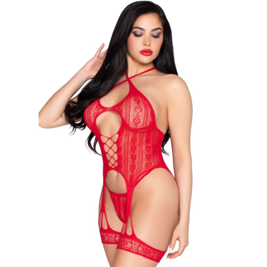 LEG AVENUE - 89338 OFFENER SPITZEN-Bodysuit MIT STRUMPFGÜRTEL + STRING ROT - EINE GRÖSSE Detailansicht bei Secret Pulse