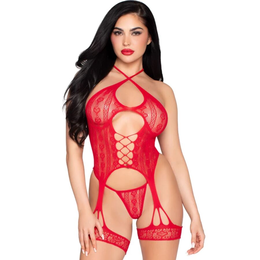 LEG AVENUE - 89338 OFFENER SPITZEN-Bodysuit MIT STRUMPFGÜRTEL + STRING ROT - EINE GRÖSSE Strümpfe Produktansicht