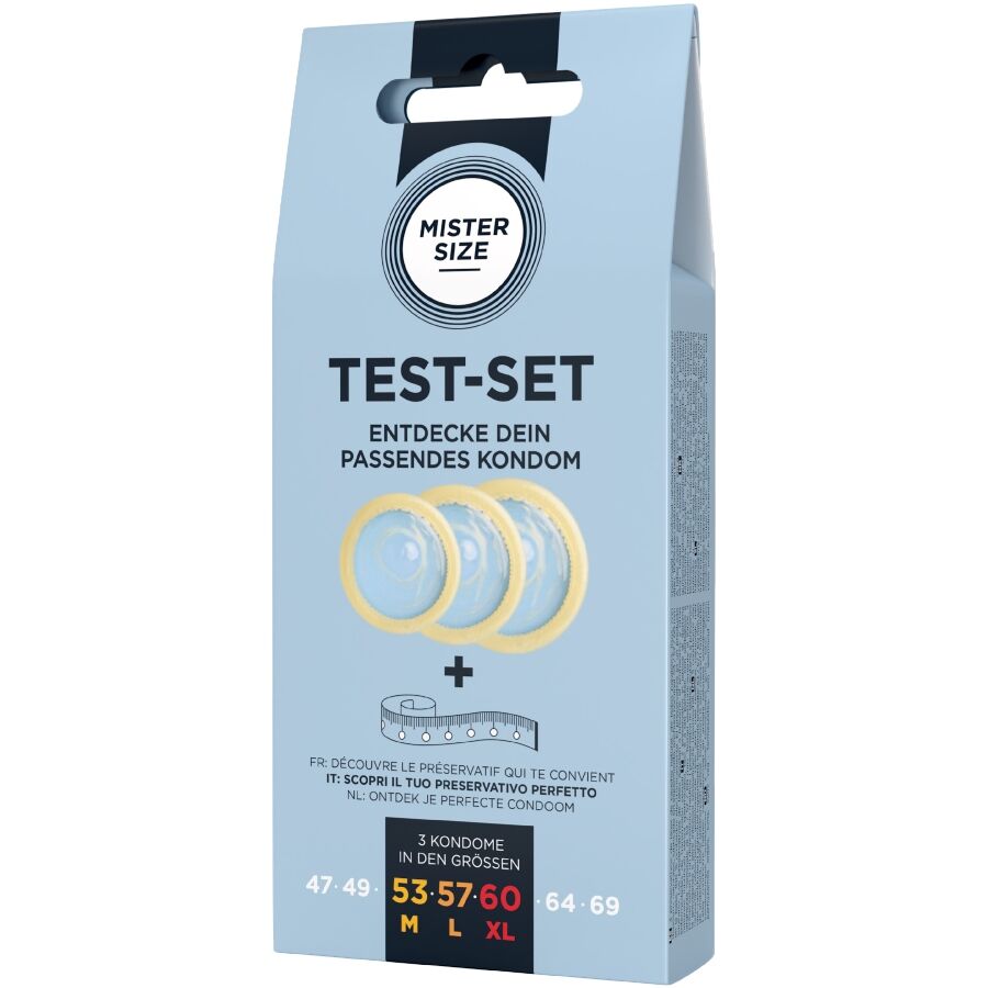 MISTER SIZE - TESTSET MIT 3 KONDOMEN IN VERSCHIEDENEN GRÖSSEN + MASSBAND Produktverpackung und Details
