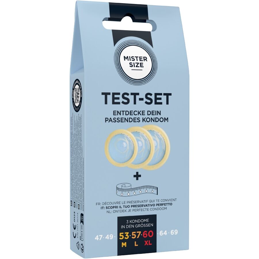 MISTER SIZE - TESTSET MIT 3 KONDOMEN IN VERSCHIEDENEN GRÖSSEN + MASSBAND für Schutz und angenehmes Gefühl
