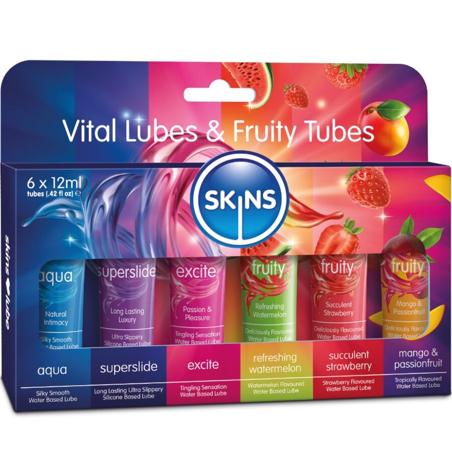 SKINS Vital & Fruity Glubes Kit – 6 x 12 ml Gleitmittel, Fruchtig & Vielseitig Set Produktansicht