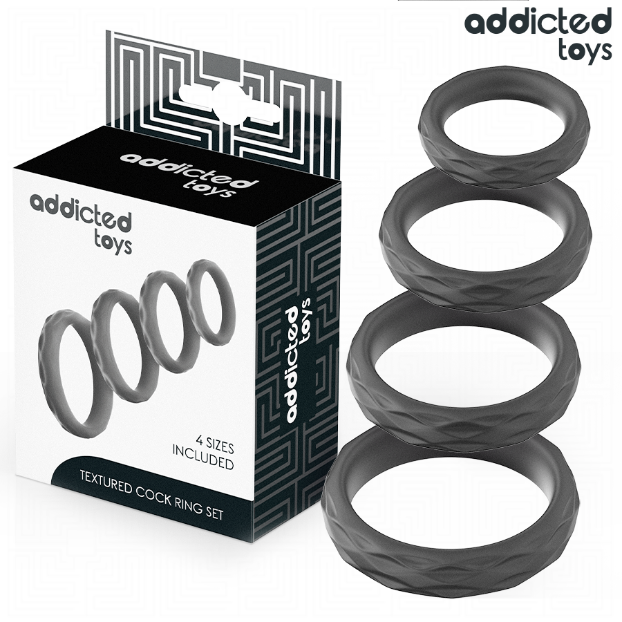 ADDICTED TOYS - SET MIT STRUKTURIERTEM COCKRING IN 4 GRÖSSEN Sextoy-Set Produktansicht