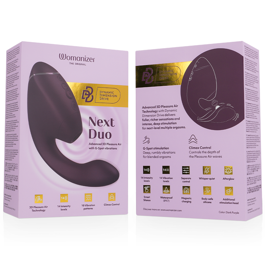 WOMANIZER - DUO NEXT DOPPELTER KLITORIS- & G-PUNKT-STIMULATOR DUNKELLILA Detailansicht bei Secret Pulse