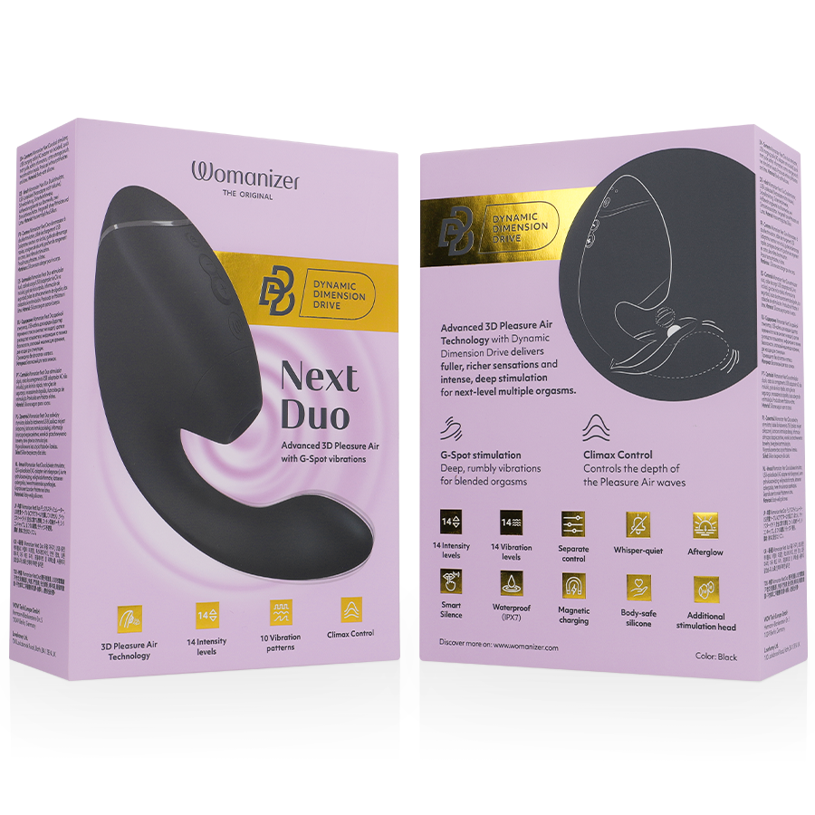 WOMANIZER - DUO NEXT DOPPELTER KLITORIS- & G-PUNKT-STIMULATOR SCHWARZ Detailansicht bei Secret Pulse