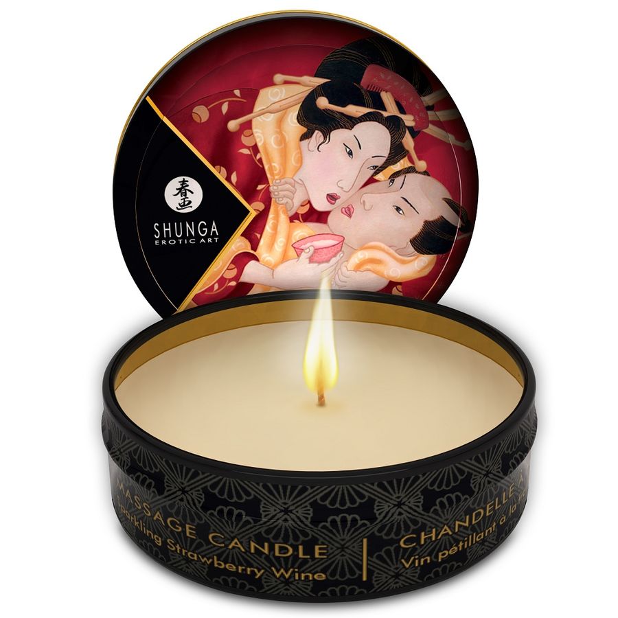 Enthalten in der Secret Pulse Massagekerzen Probierbox: SHUNGA - MINI CARESS BY CANDELIGHT ERDBEERE UND CAVA MASSAGEKERZE 30 ML