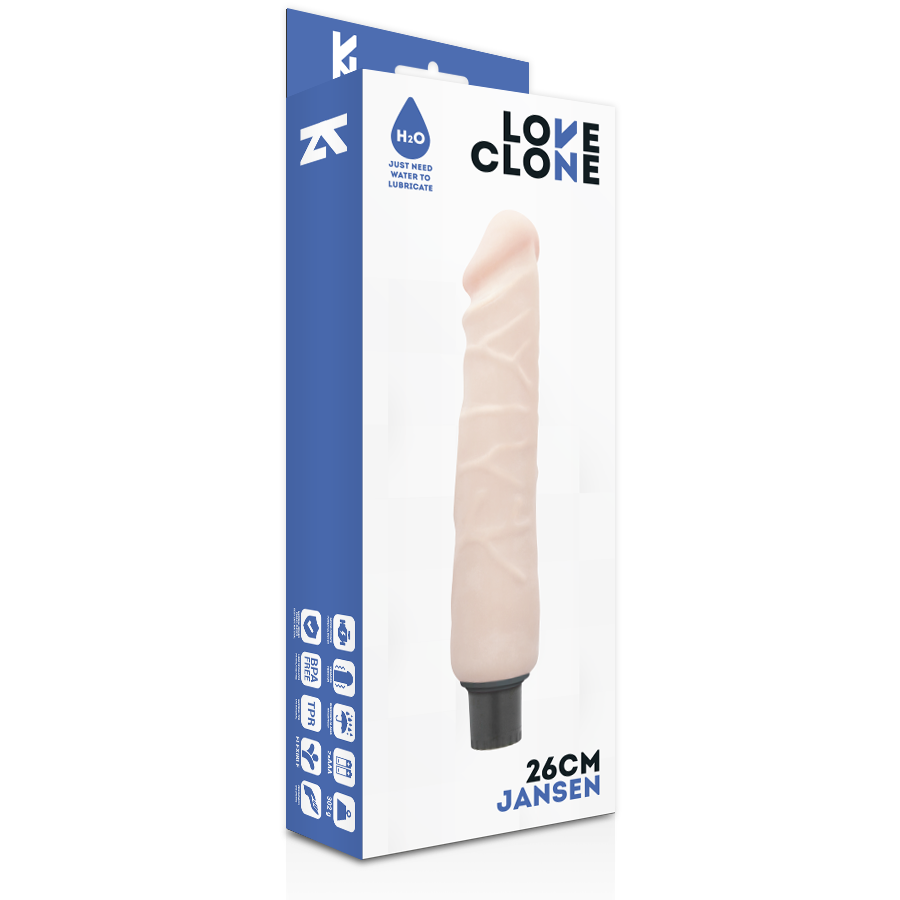LOVECLONE - JANSEN SELBSTSCHMIERENDER VIBRATOR 26 CM -O- 4.2 CM Gleitgel Produktverpackung und Details