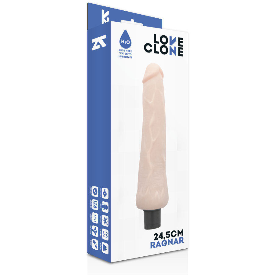 LOVECLONE - RAGNAR SELBSTSCHMIERENDER VIBRATOR 24.5 CM -O- 3.5 CM Gleitgel Produktverpackung und Details