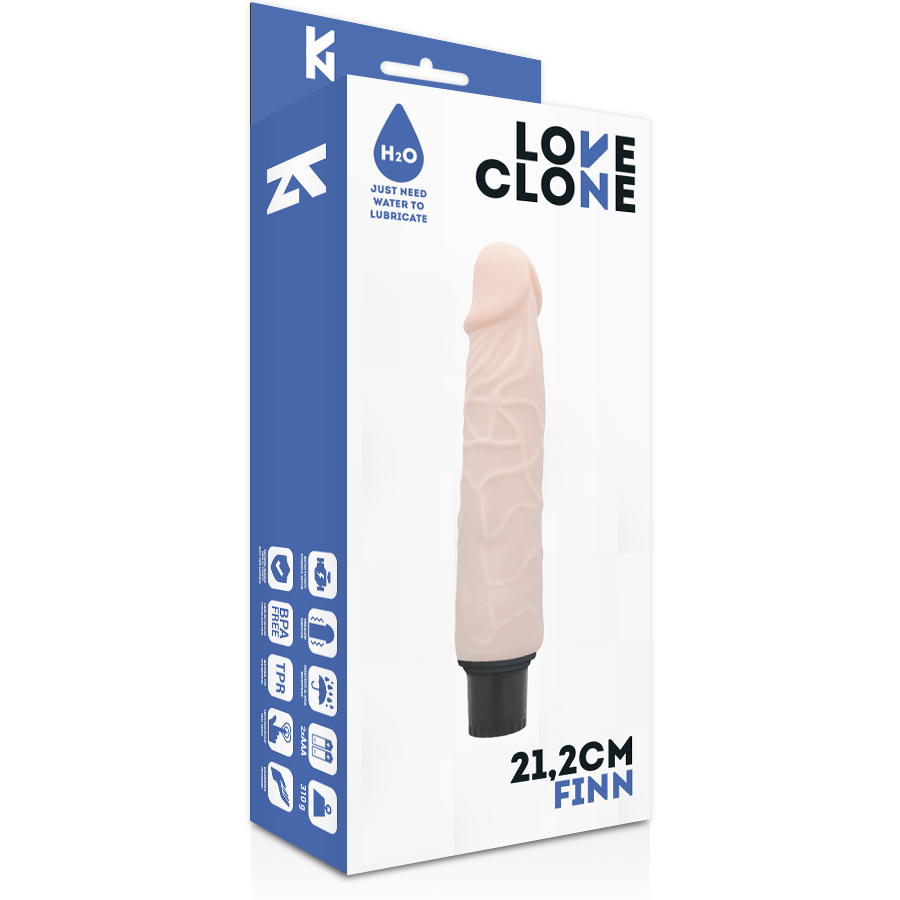 LOVECLONE - FINN SELBSTSCHMIERENDER VIBRATOR 21.2 CM -O- 3.8 CM Gleitgel Produktverpackung und Details