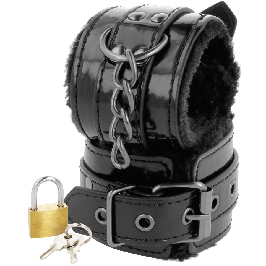 DARKNESS - SCHWARZE, VERSTELLBARE LEDERHANDSCHELLEN MIT VORHNGESCHLOSS Produktansicht und Details