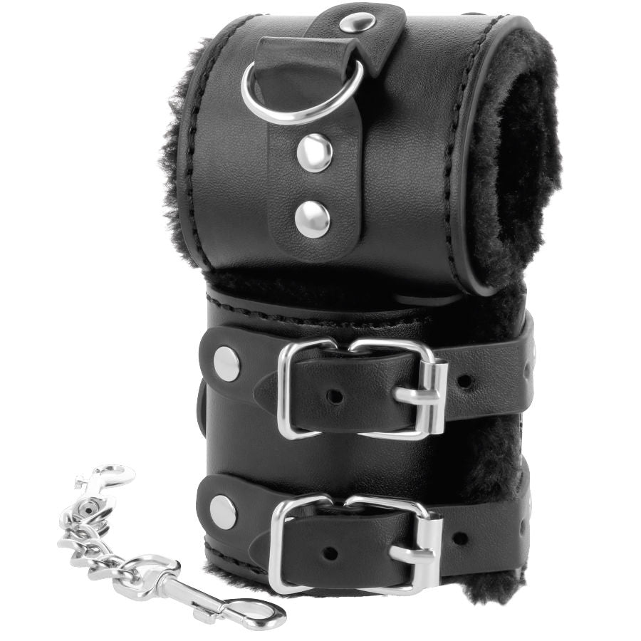 DARKNESS - SCHWARZE, VERSTELLBARE LEDERHANDSCHELLEN MIT FUTTER Produktansicht und Details