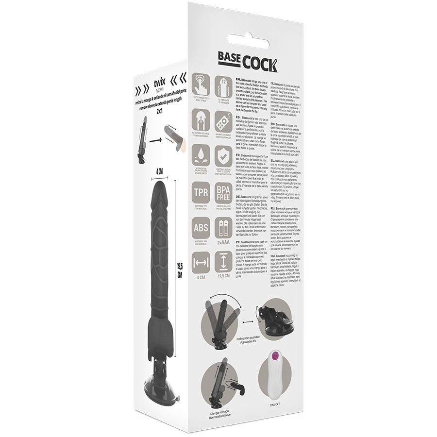 BASECOCK - REALISTISCHER VIBRATOR MIT FERNBEDIENUNG SCHWARZ MIT HODEN 19.5 CM -O- 4 CM für sinnliche Momente allein oder zu zweit