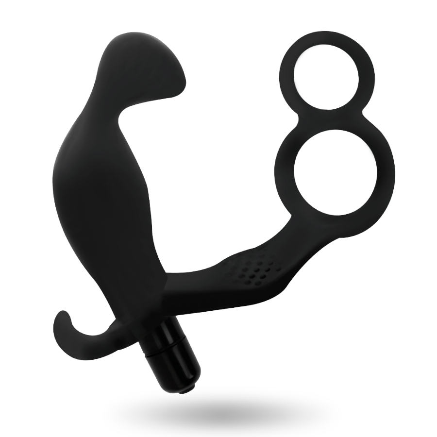 ADDICTED TOYS - ANALPLUG MIT DOPPELTEM PENISRING UND HODEN SCHWARZ Produktansicht und Details