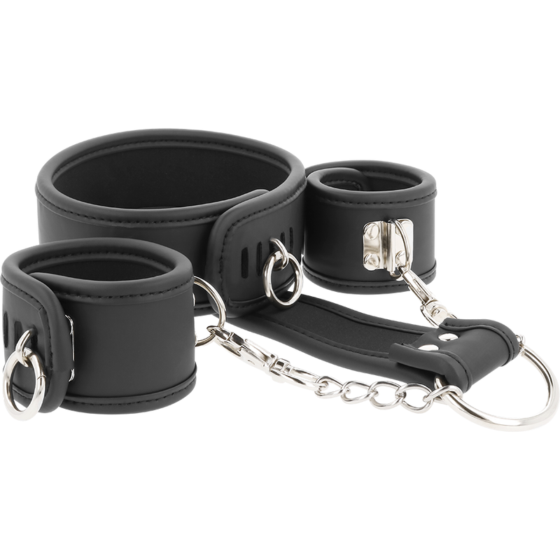 FETISH SUBMISSIVE - HALSKETTE UND HANDSCHELLEN AUS VEGANEM LEDER MIT NOPRENE-FUTTER Bondage-Fessel diskret online kaufen