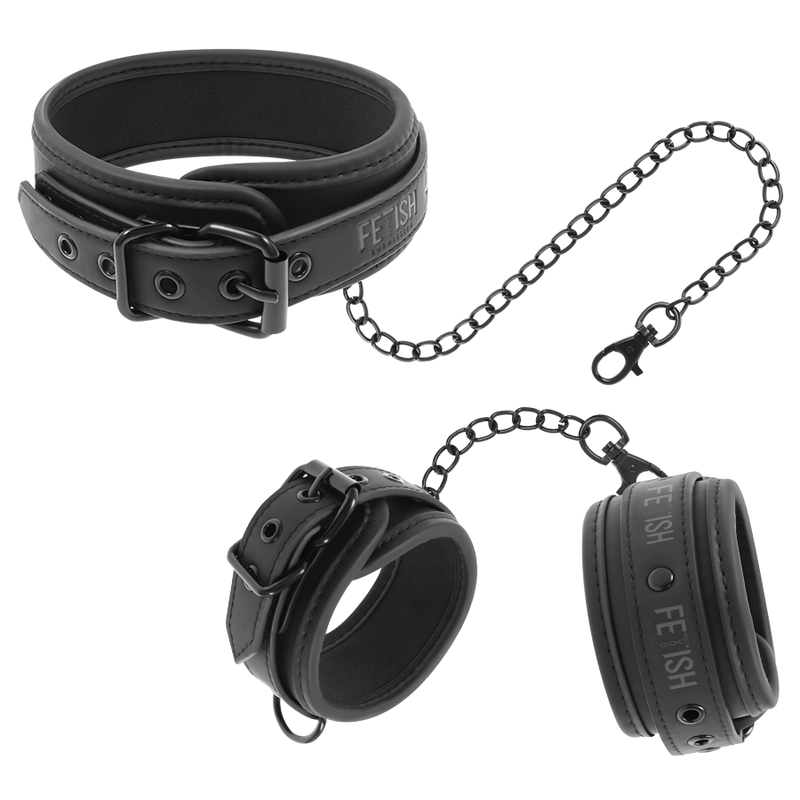 FETISH SUBMISSIVE - HALSKETTE UND HANDSCHELLEN AUS VEGANEM LEDER MIT NOPRENE-FUTTER Bondage-Fessel diskret online kaufen