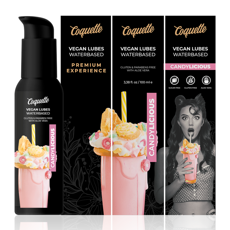 COQUETTE CHIC DESIRE - PREMIUM EXPERIENCE CANDYLICIOUS VEGANES SCHMIERMITTEL 100ML Produktverpackung und Details