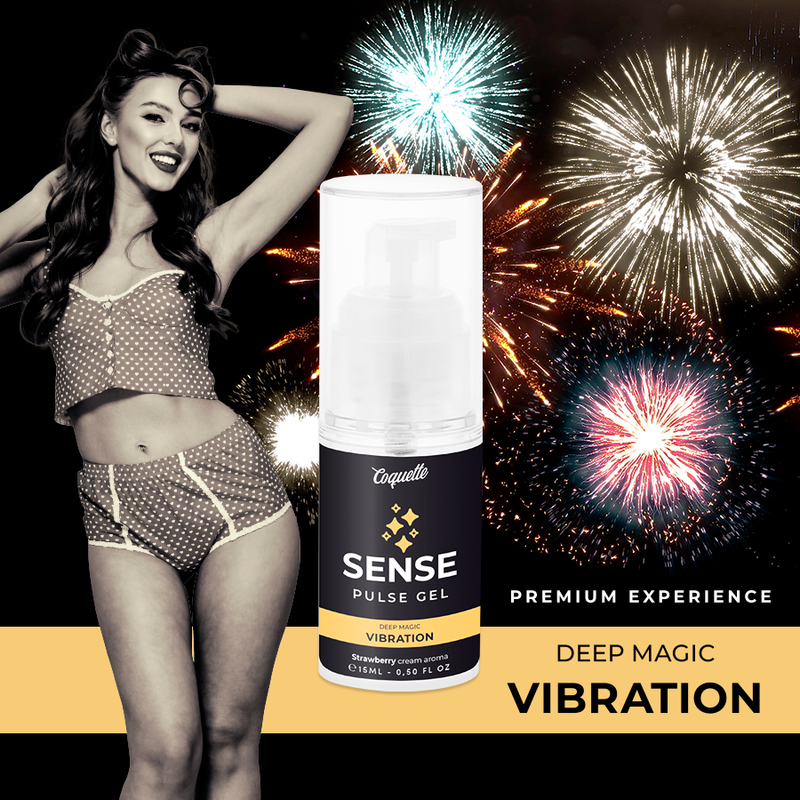 COQUETTE CHIC DESIRE - PULSE ERDBEER VIBRATIONSGEL PREMIUM FLÜSSIGKEIT 15ML Produktverpackung und Details