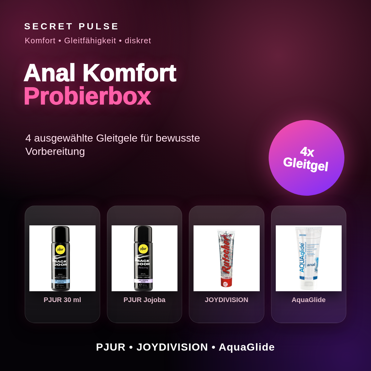 Secret Pulse Anal Komfort Probierbox – 4x Gleitgel mit echten Produktpackshots