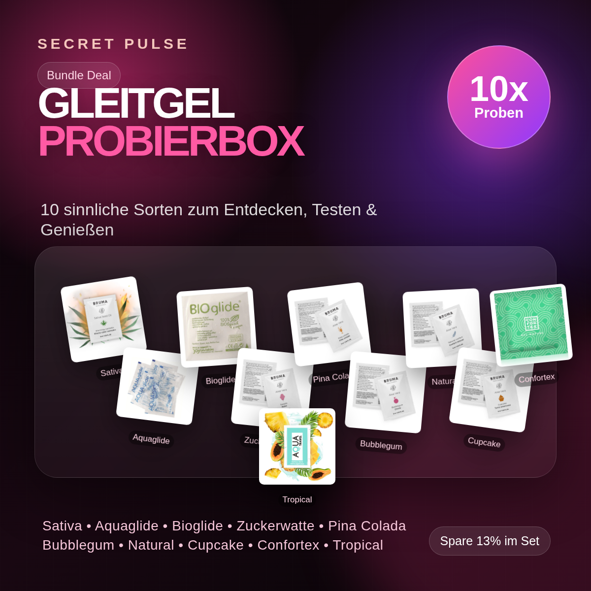 Secret Pulse Gleitgel Probierbox – 10 sinnliche Sorten mit aktuellen Einzelproben