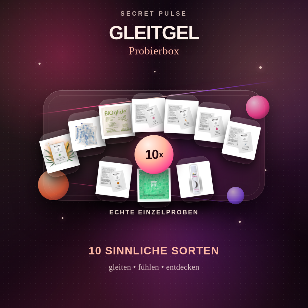 Secret Pulse Gleitgel Probierbox – 10 sinnliche Sorten – modernes Secret Pulse Cover mit echten Einzelprodukten