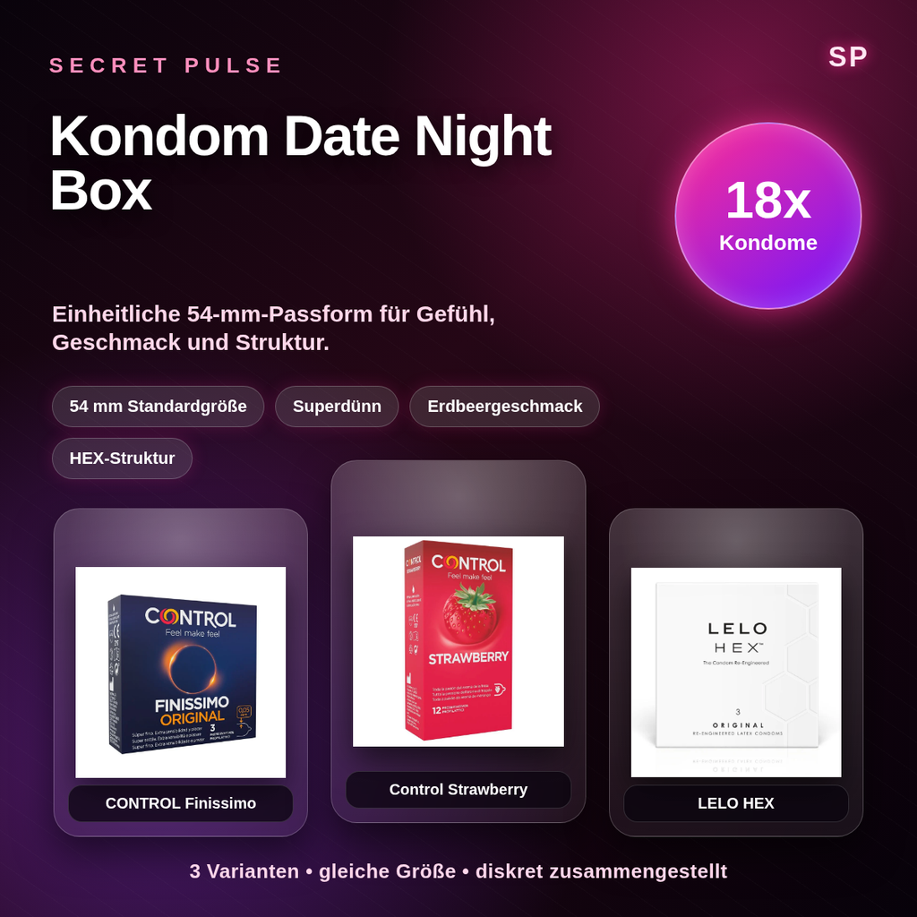Secret Pulse Kondom Date Night Box – 18 Kondome mit 54-mm-Passform und echten Packshots