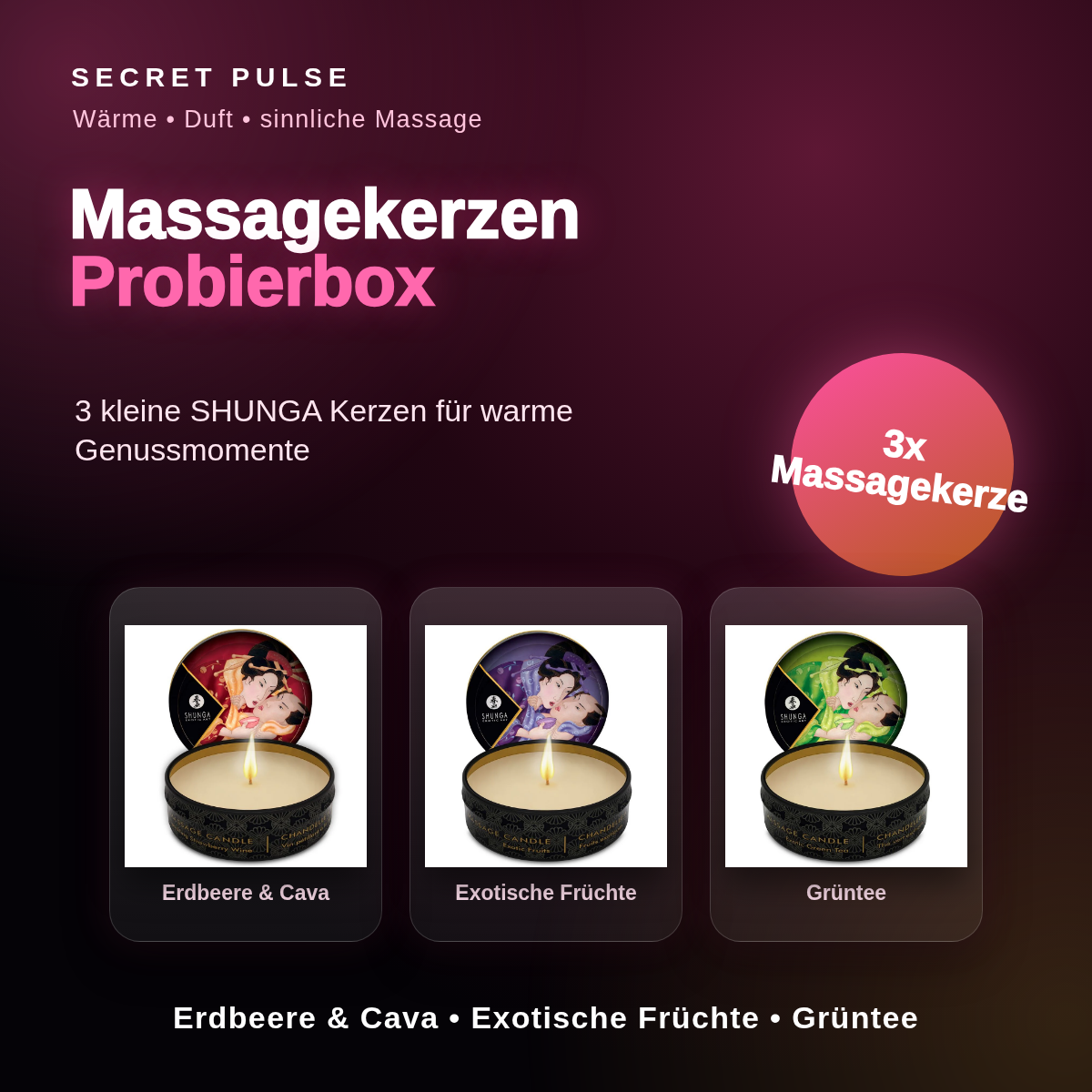 Secret Pulse Massagekerzen Probierbox – 3 sinnliche Düfte mit echten Produktpackshots
