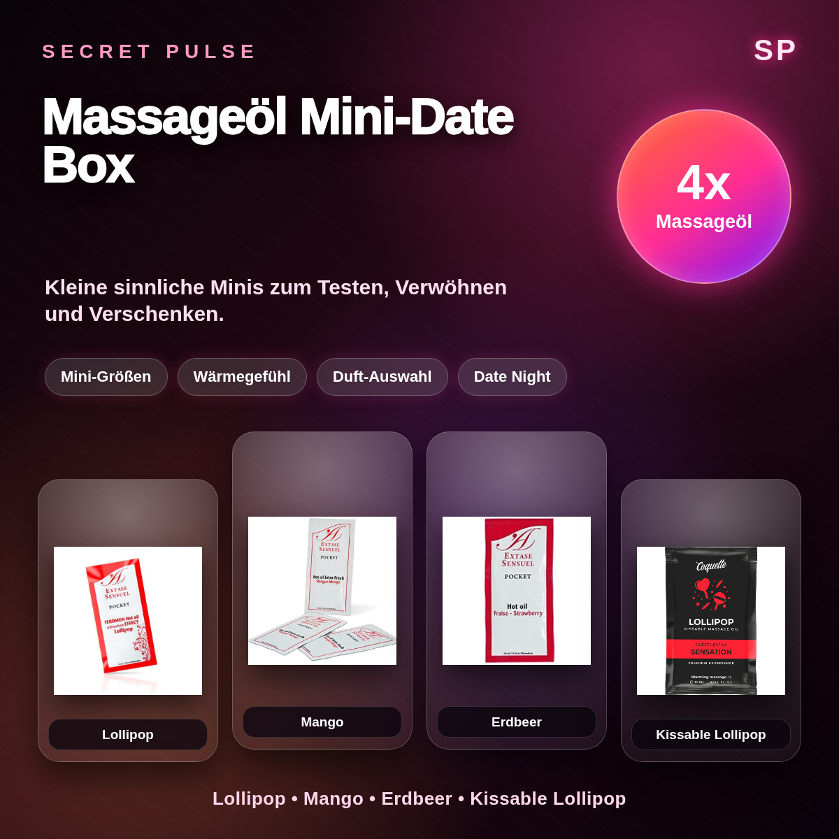 Secret Pulse Massageöl Mini-Date Box – 4 sinnliche Minis mit echten Packshots