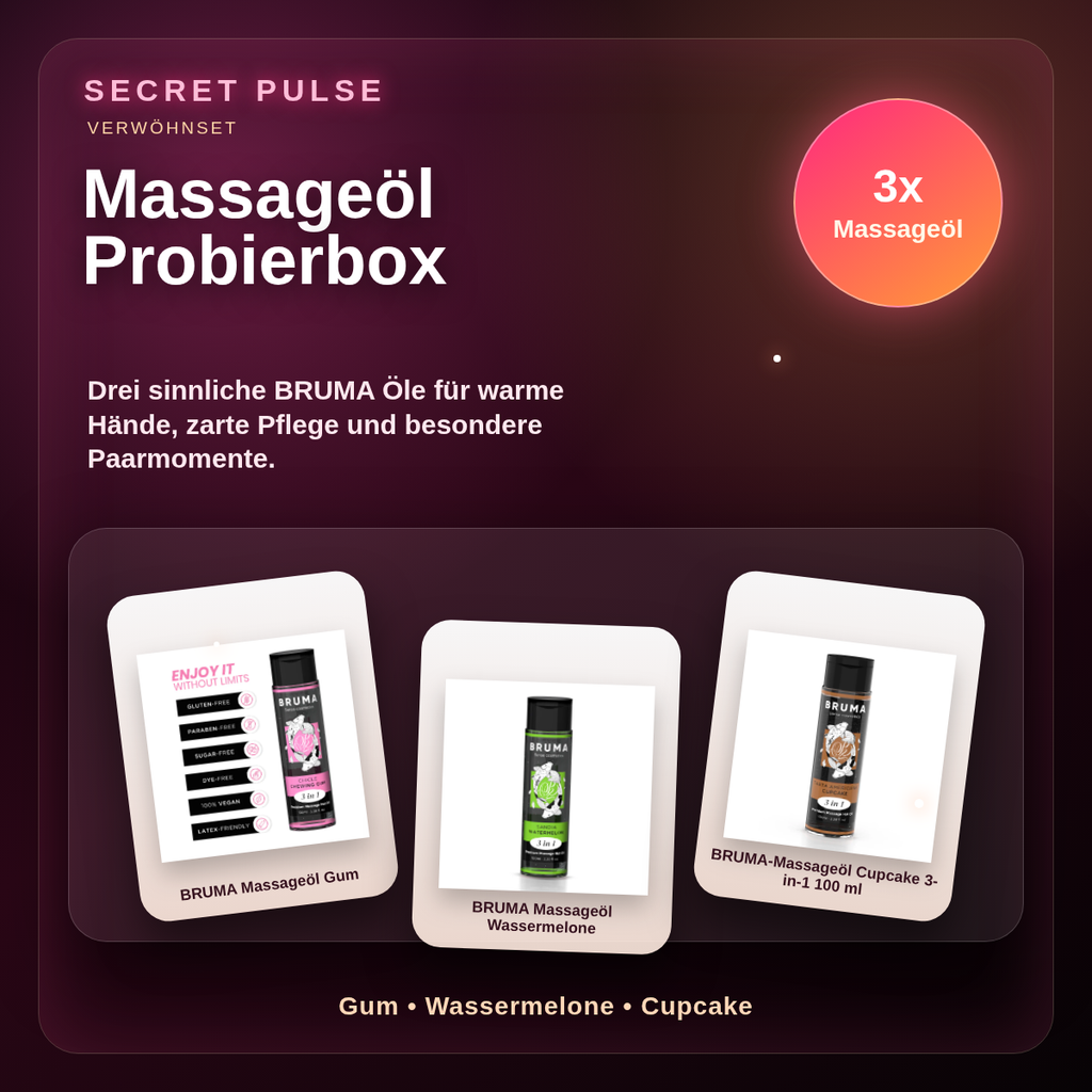 Secret Pulse Massageöl Probierbox – 3 sinnliche Öle mit echten Packshots