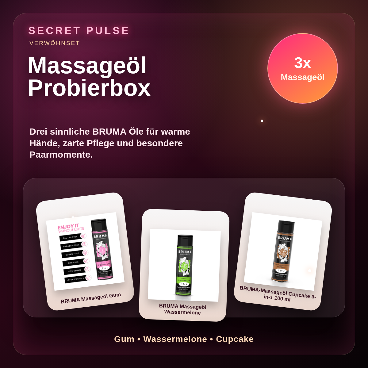Secret Pulse Massageöl Probierbox – 3 sinnliche Öle mit echten Packshots