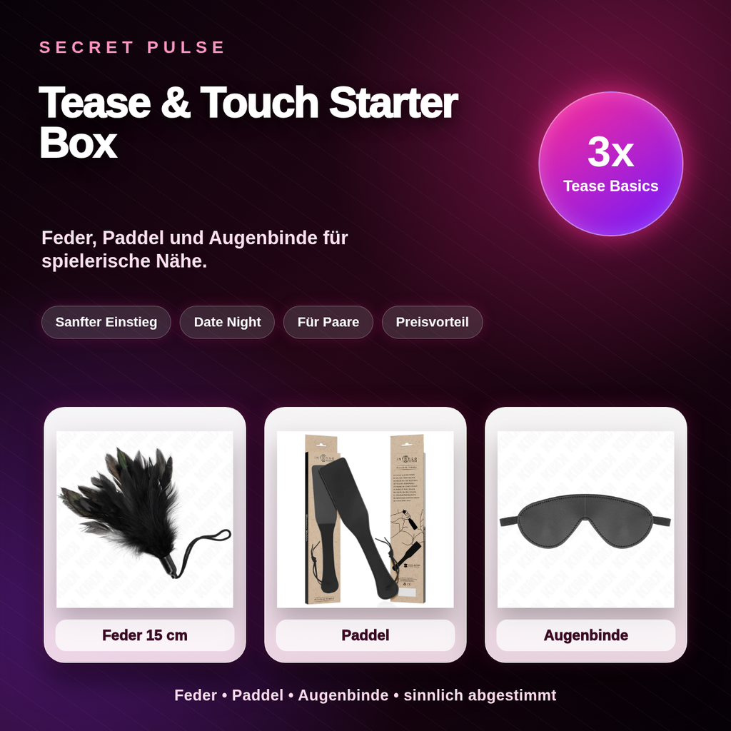 Secret Pulse Tease & Touch Starter Box – Feder, Paddel und Augenbinde mit echten Packshots